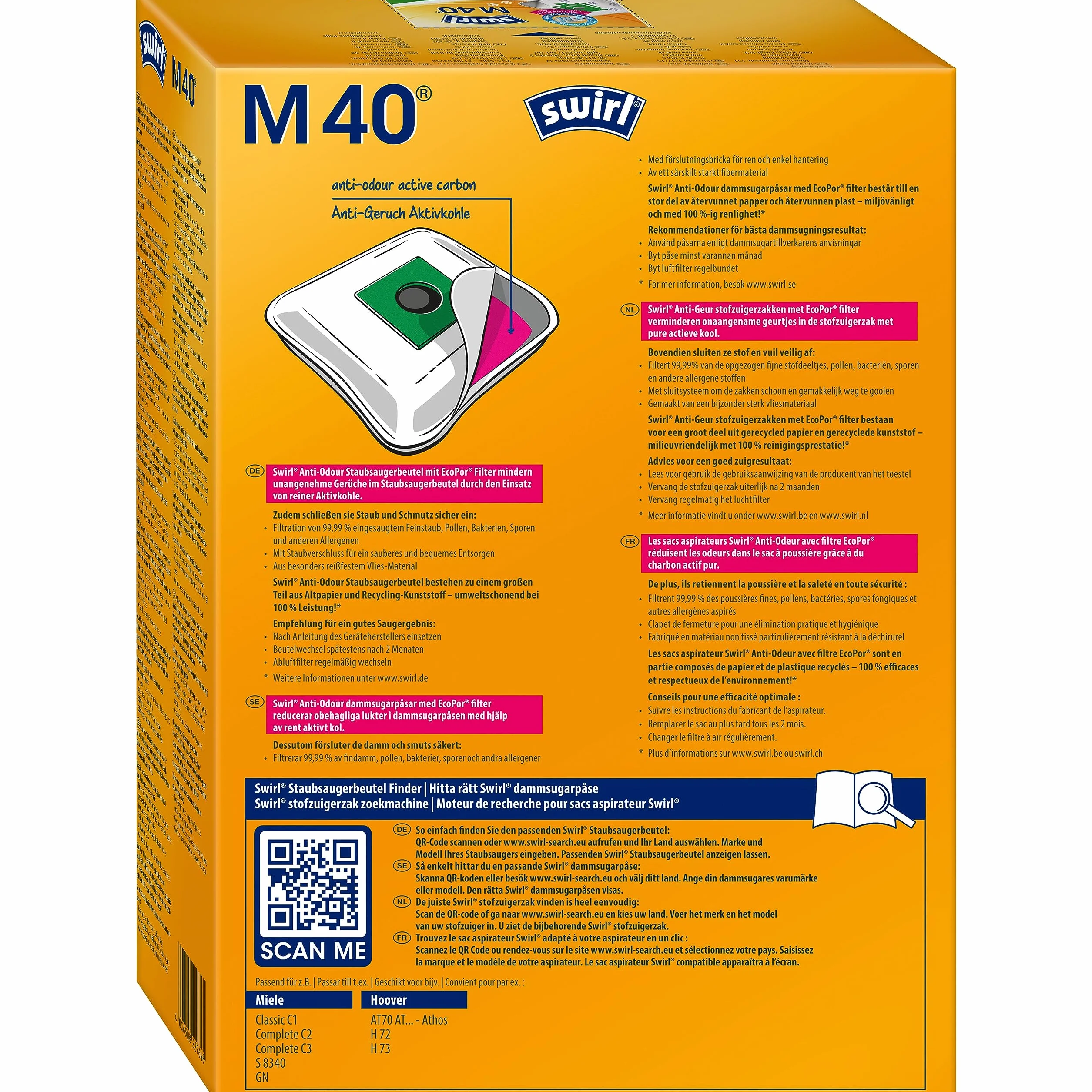 Swirl M 40 EcoPor worki do odkurzacza antyzapachowego (4 worki), odporne na rozdarcie worki do odkurzacza Miele & Hoover, z filtrem zapachowym, 99,9% filtrowania kurzu domowego i alergennego drobnego