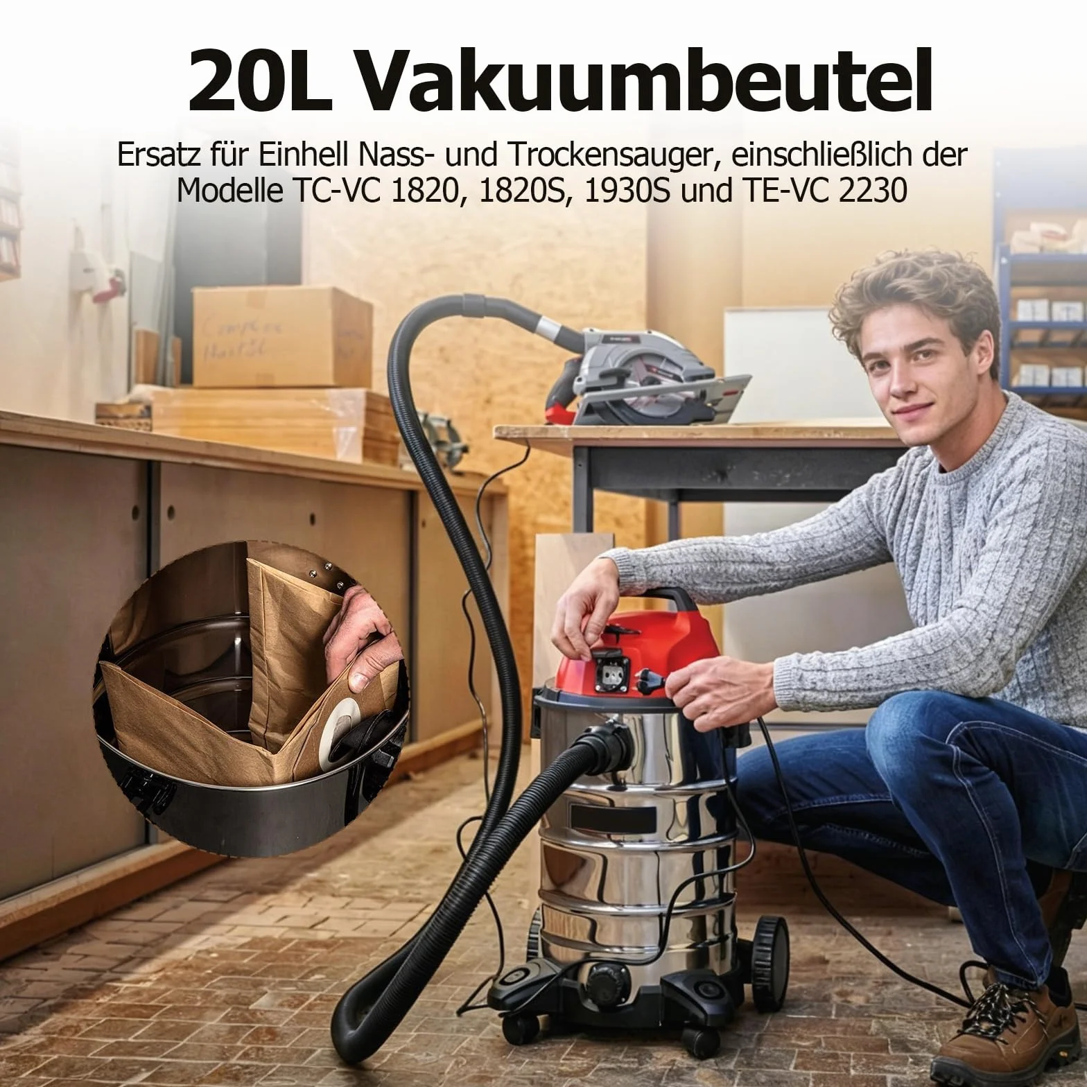 Opakowanie zawiera 10 worków zatrzymujących brud, zamiennik odkurzacza Einhell do odkurzaczy na mokro i sucho, pojemność 20 l do modeli TC-VC 1820/1820S/1930S, TE-VC 2230