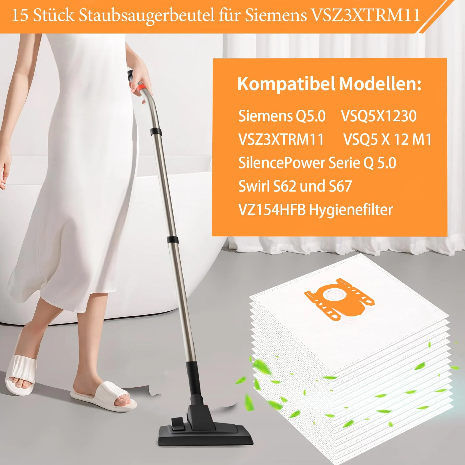 Awinker 15 worków do odkurzacza dla Siemens Q5.0 VSQ5X1230 VSZ3XTRM11 VSQ5 X 12 M1vz41fgall i Extreme Silence Power Seria Q 5.0 Kompatybilne z S62 S67 S68 S73