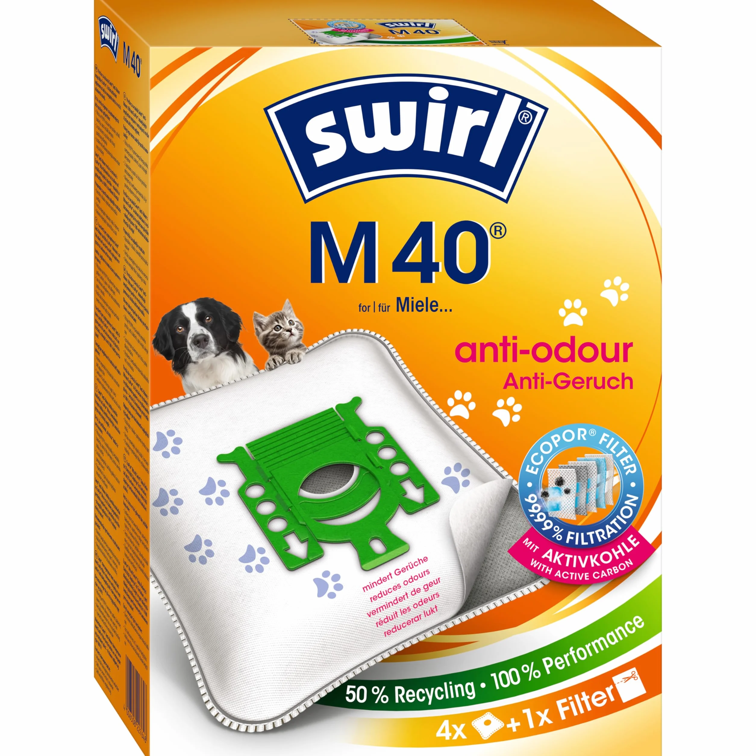 Swirl M 40 EcoPor worki do odkurzacza antyzapachowego (4 worki), odporne na rozdarcie worki do odkurzacza Miele & Hoover, z filtrem zapachowym, 99,9% filtrowania kurzu domowego i alergennego drobnego
